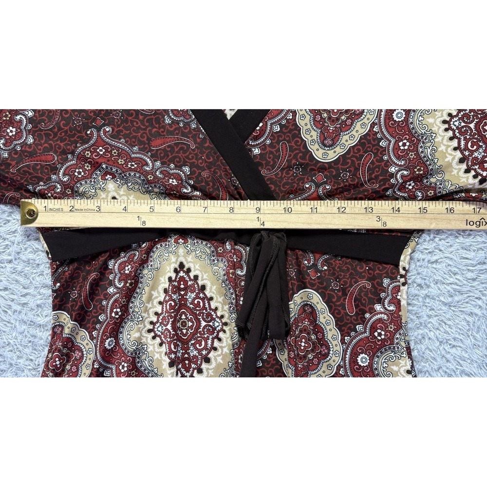 Y2K Vintage Babydoll Top Medium Burgundy Cottagecore V Neck Short‎ Slv Tie Retro - Picture 7 of 11